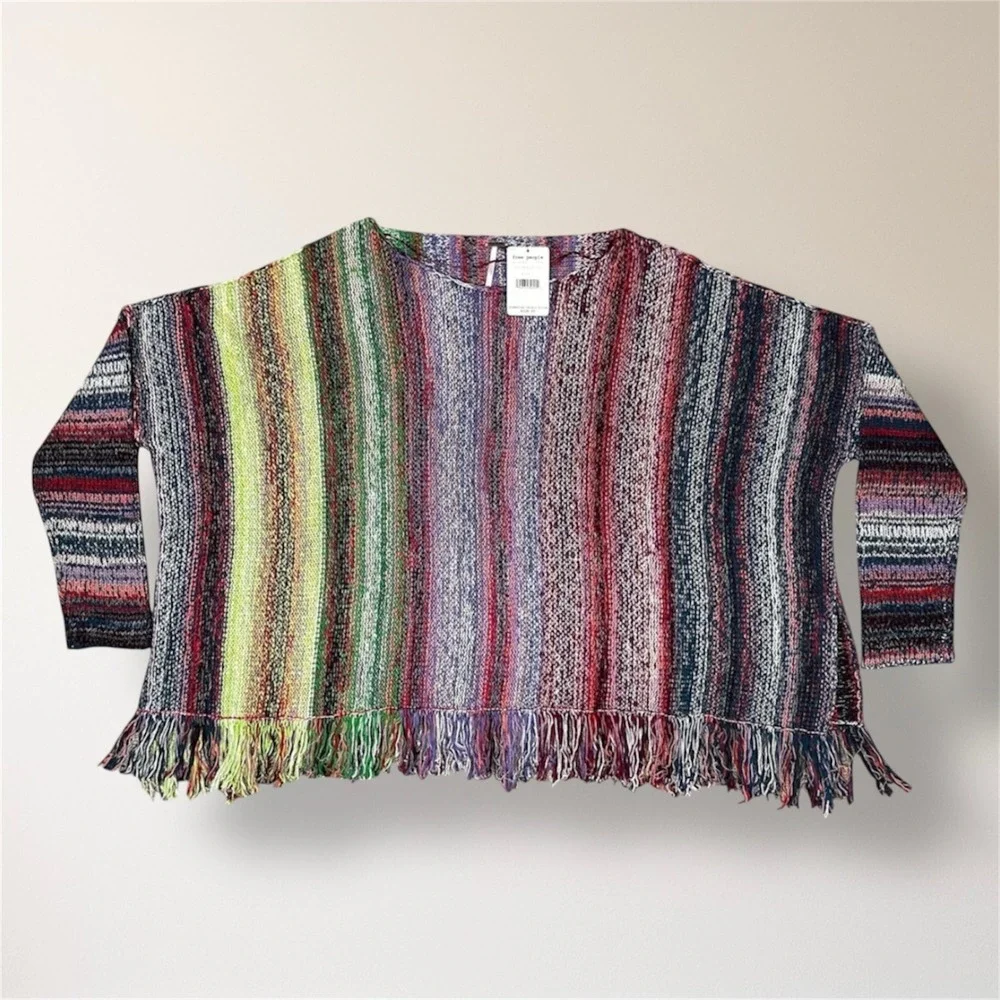 Free‎ People Rainbow Sprite Fringe Poncho Sweater L Oversized Boho Knit NWT $228